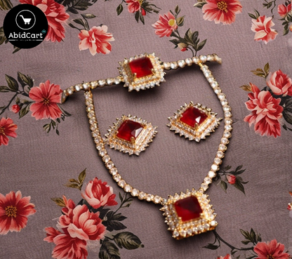 Elegant Red Ruby Gold Necklace and Earring Set - AbidCart Luxury Jewelry. - Abid Cart