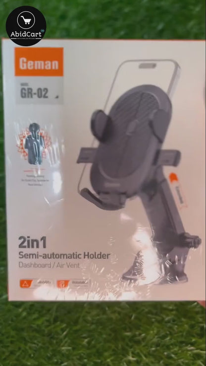 Gemen GR-02 2-in-1 Semi-Automatic Dashboard & Air Vent Mobile Holder Stand – Adjustable, Secure, and Versatile Car Mount for Smartphones.