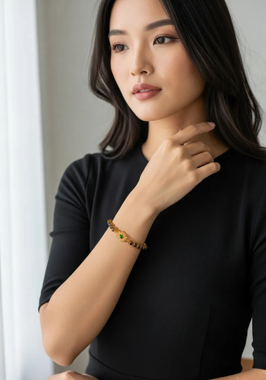 Elegant Gold-Plated Flower Design Bangles with Green Stone & Crystal Accents – Traditional Jewelry for Women. - Abid Cart